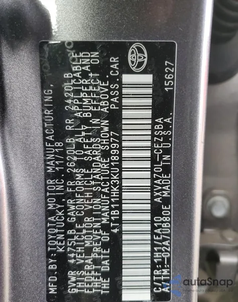 2019 Toyota Camry L z USA, uszkodzony, nr VIN 4T1B11HK3KU189977